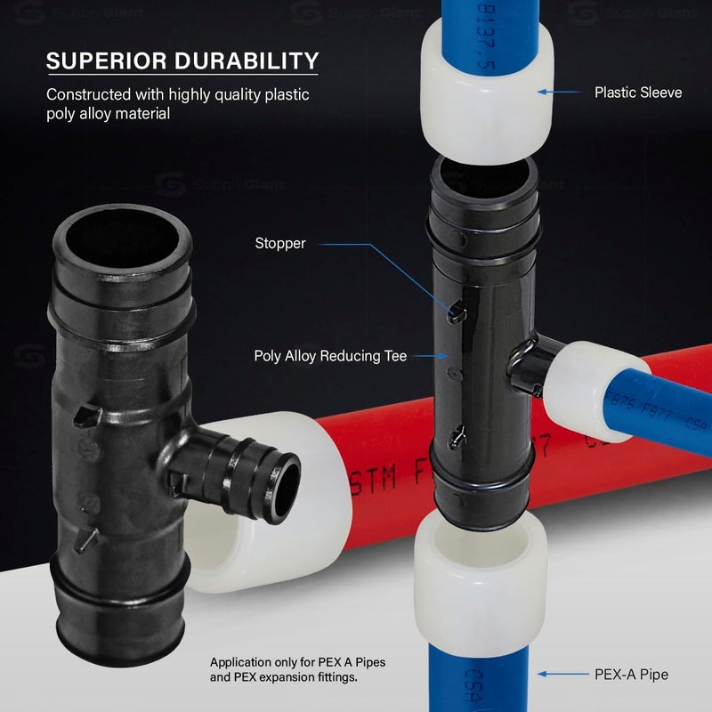 Supply Giant Poly Pex-A Expansion Tee Fitting 1" x 1" x 1/2", F1960 Tee 1 Inch x 1 Inch x 1/2 Inch Expansion Barb Connections, Plastic Pipe Fitting for use with Pex-A Tubing (Pack of 5) - Image 5